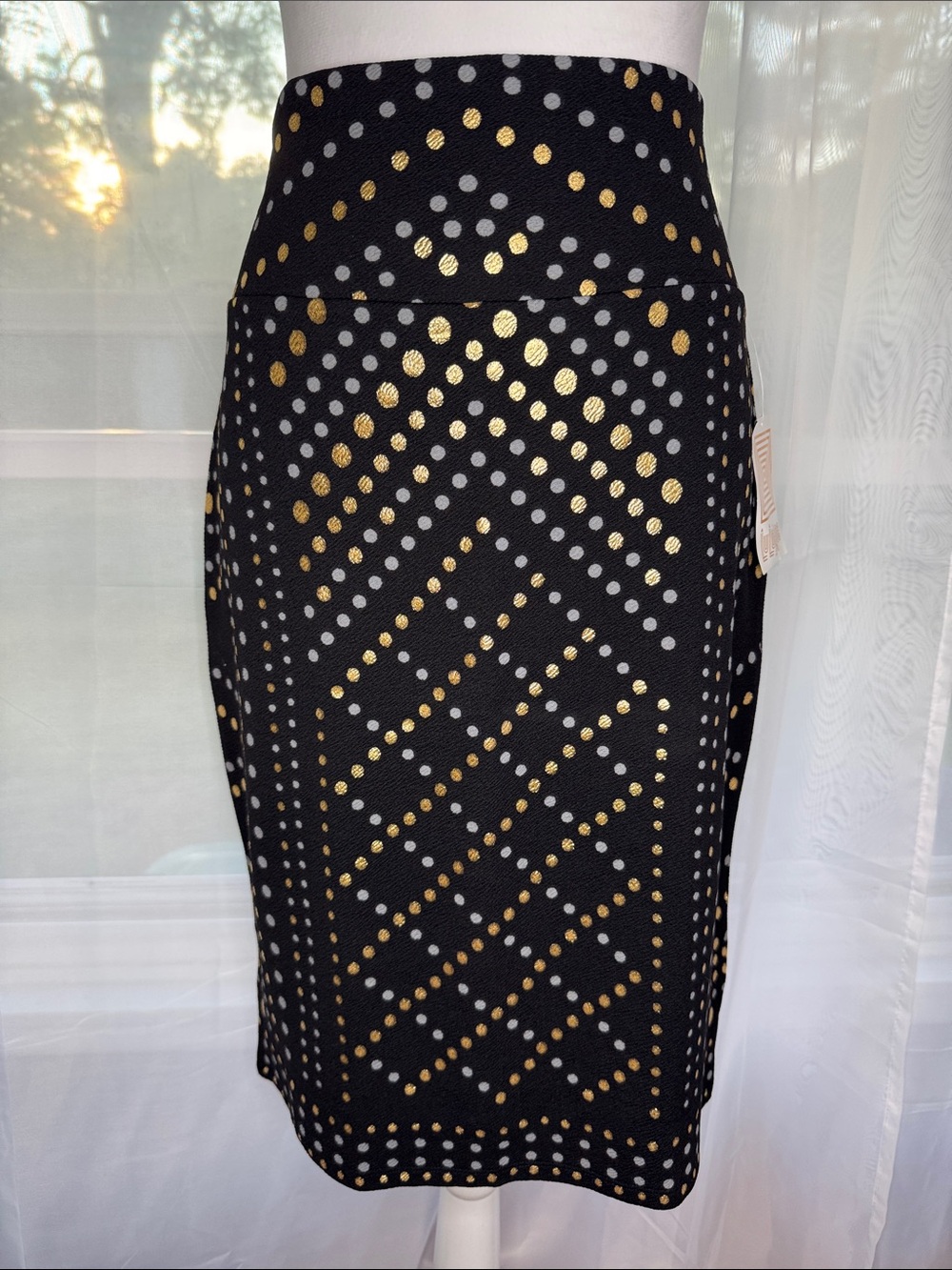 LuLaRoe Elegant Cassie Black Pencil Skirt with Gold and Silver Dot Pattern